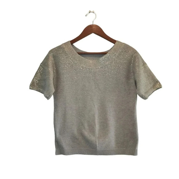 Ann Taylor LOFT T Shirt Top Womens XS Gray Shimmer Knit Short Sleeve Pullover - Picture 1 of 6